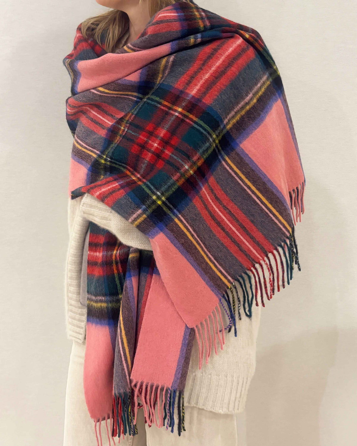 Pink Stewart Tartan Lambswool Stole by Glen Prince on model sideview