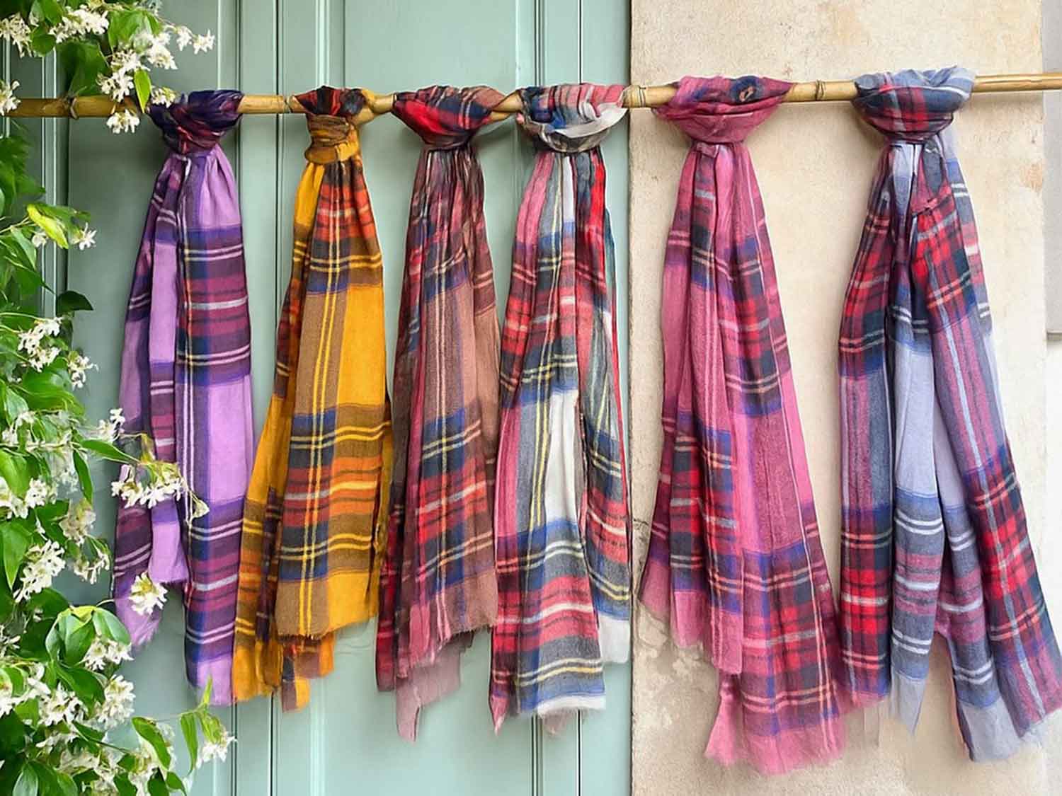 Glen Prince summer stewart tartans in modal and silk displayed in 6 colours
