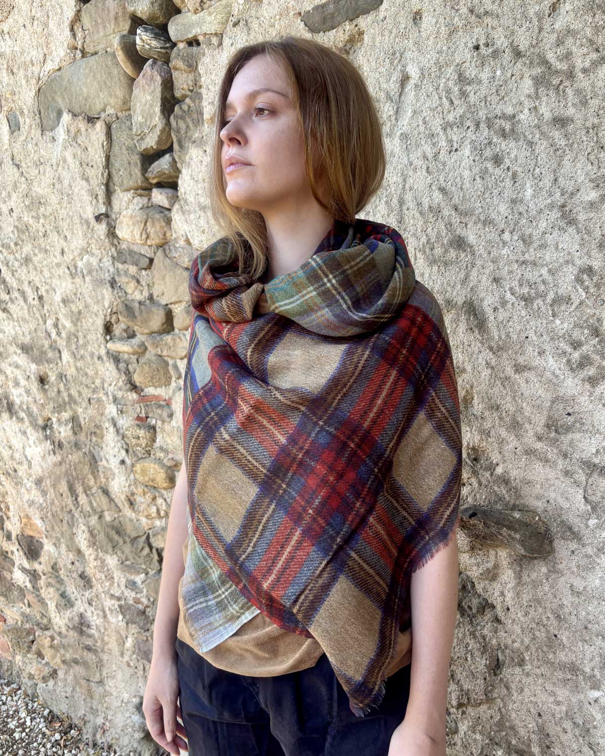 Lightweight Patchwork Square Scarf - Beige Tartan by Glen Prince - product image