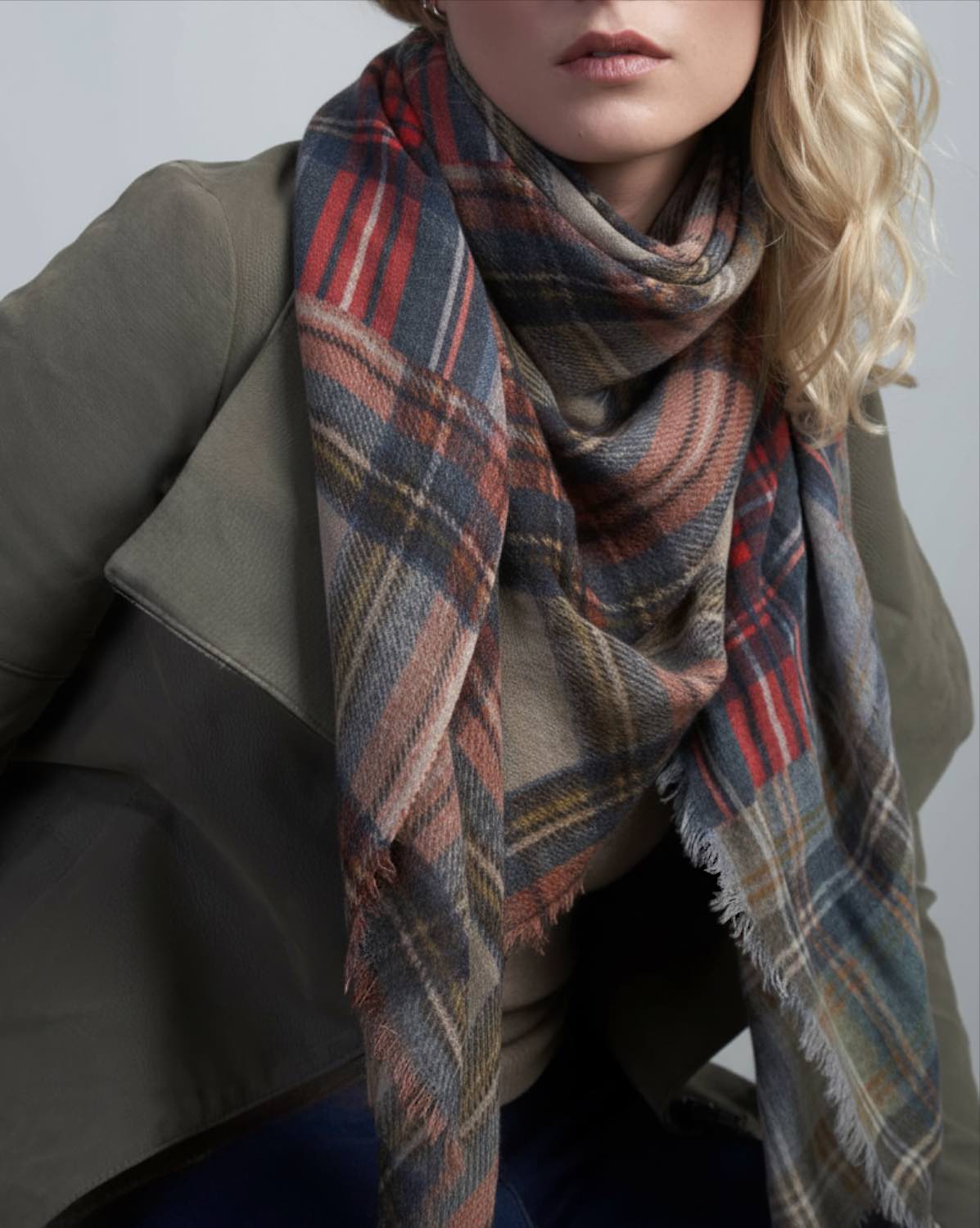 Lightweight Patchwork Square Scarf - Beige Tartan by Glen Prince - product image
