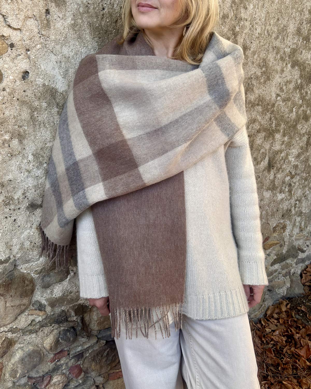 Cashmere Blend Beige Check Reversible Stole by Glen Prince - product image