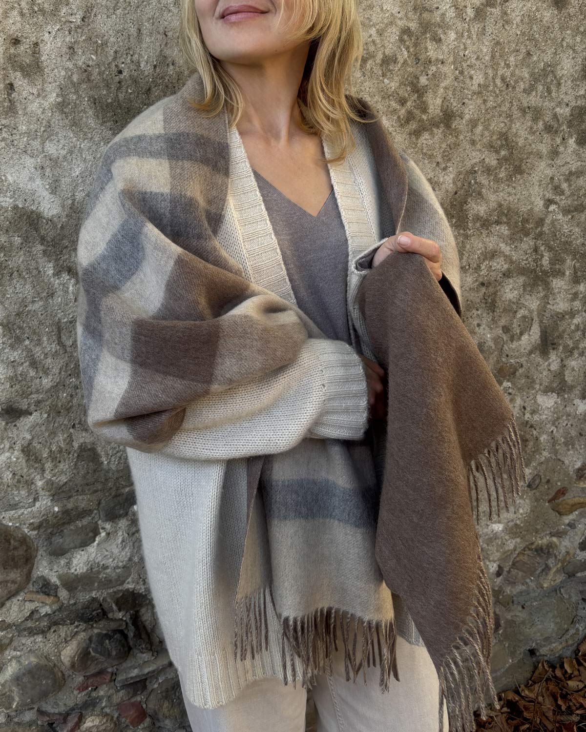Cashmere Blend Beige Check Reversible Stole by Glen Prince - product image