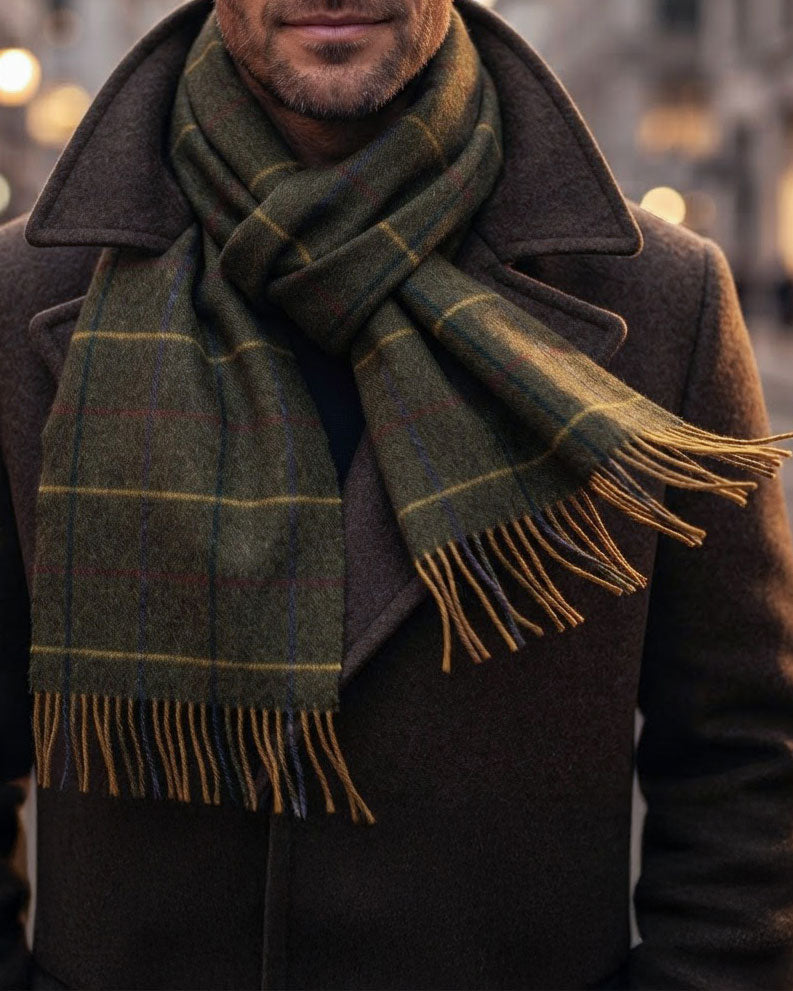 Tweed Check Olive Green by Glen Prince - close up on male model wearing a brown coat.