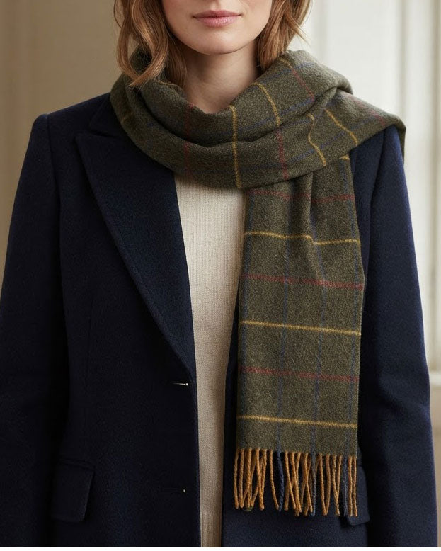 Tweed Check Olive Green by Glen Prince - close up on female model wearing a blue coat.