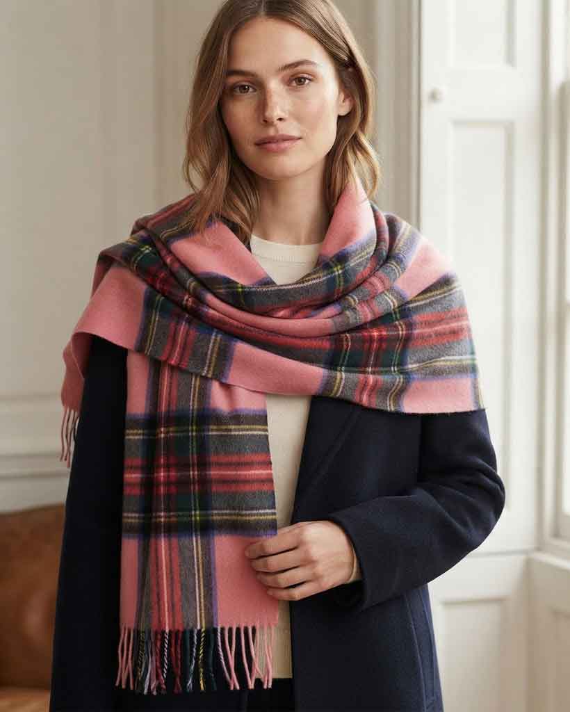 Pink Stewart Tartan Lambswool Stole by Glen Prince on model sideviewBright Pink Stewart Tartan Lambswool Stole by Glen Prince on model