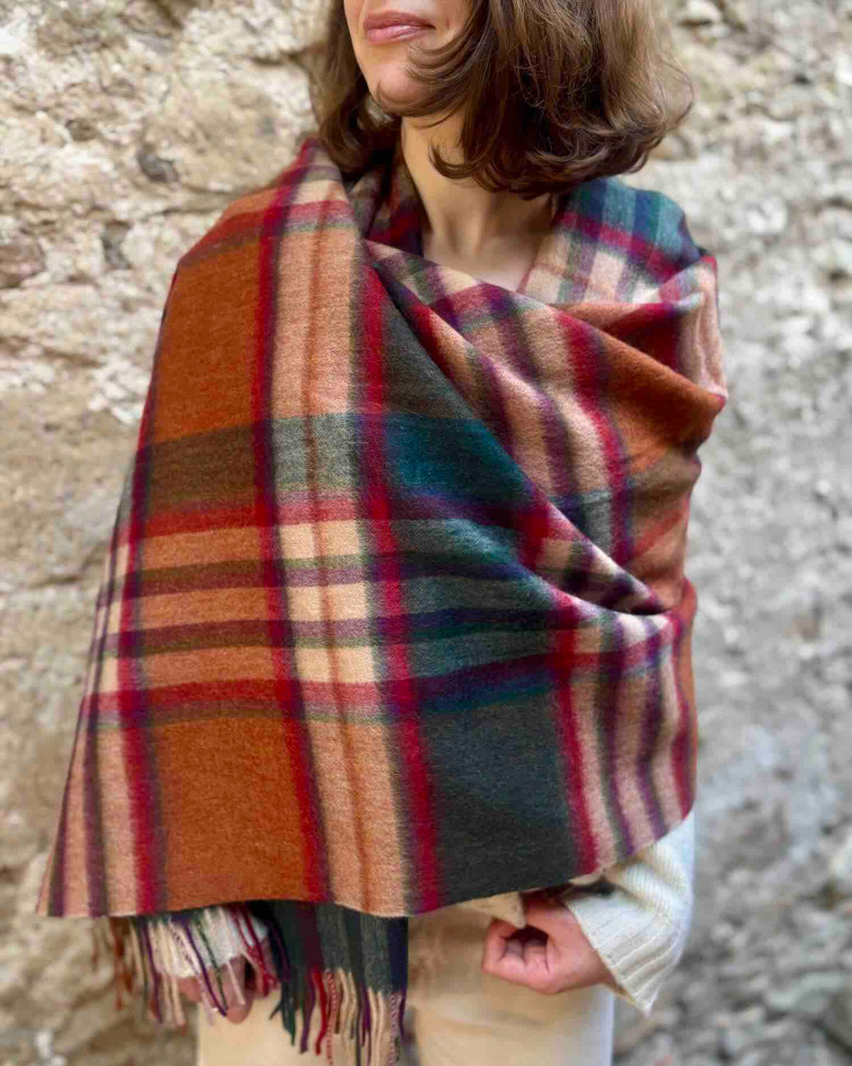 Terracotta and Green Check Lambswool Stole by Glen Prince - product image
