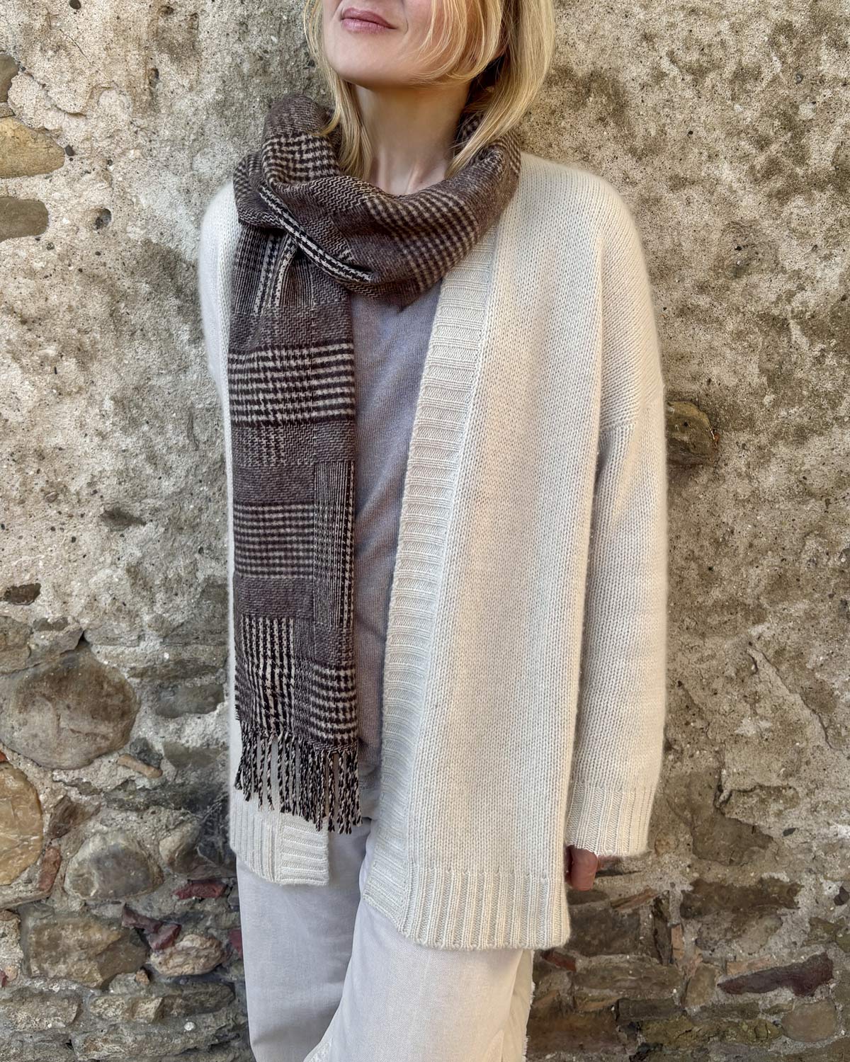Beige Patchwork Check Lambswool Scarf by Glen Prince - product image