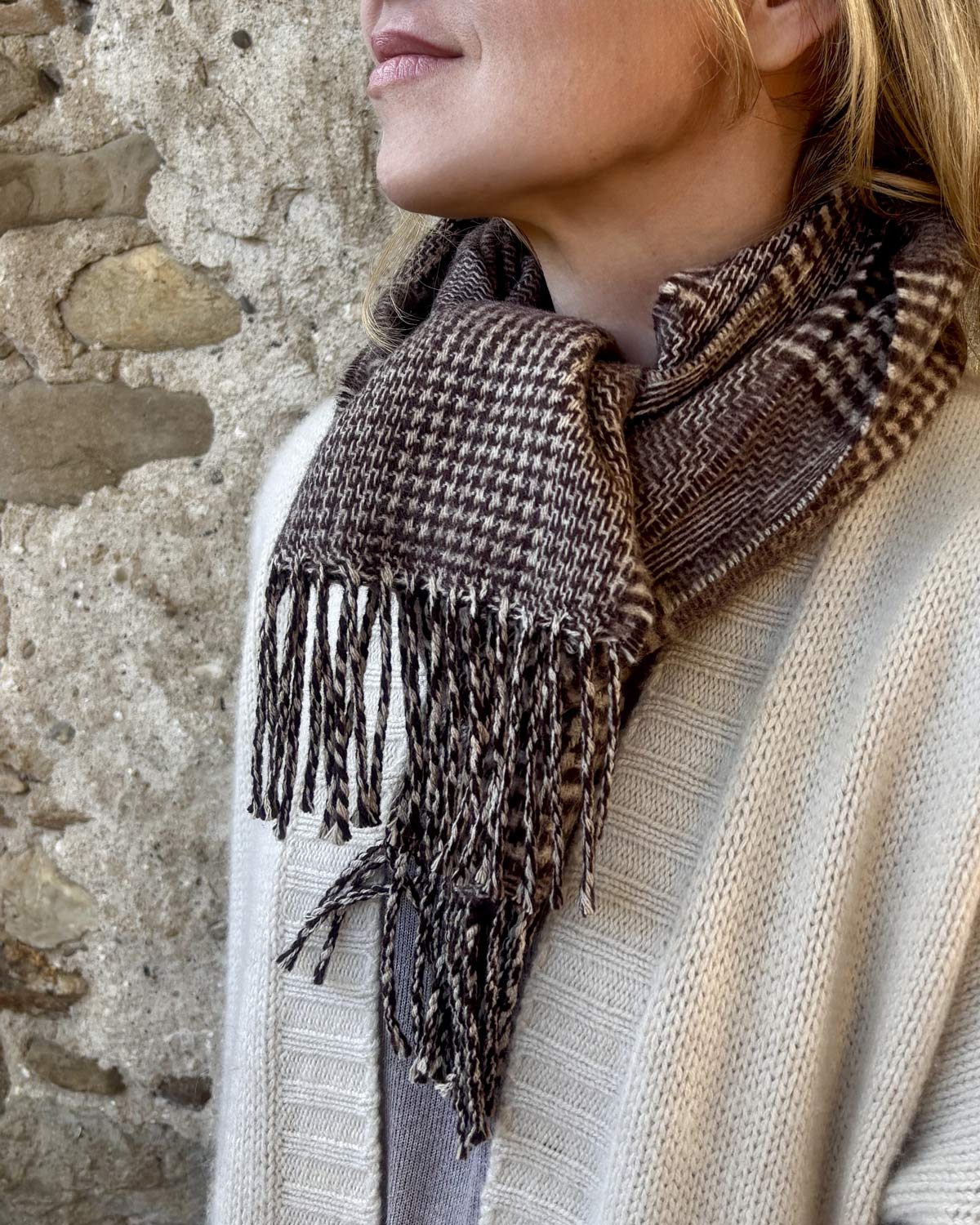 Beige Patchwork Check Lambswool Scarf by Glen Prince - product image